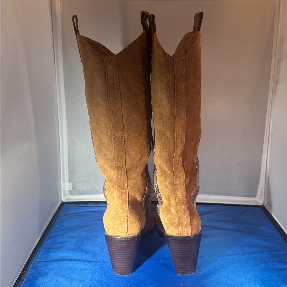 Donald Pliner riot suede western riding boot tan suede and snakeskin print strap - Picture 5 of 12